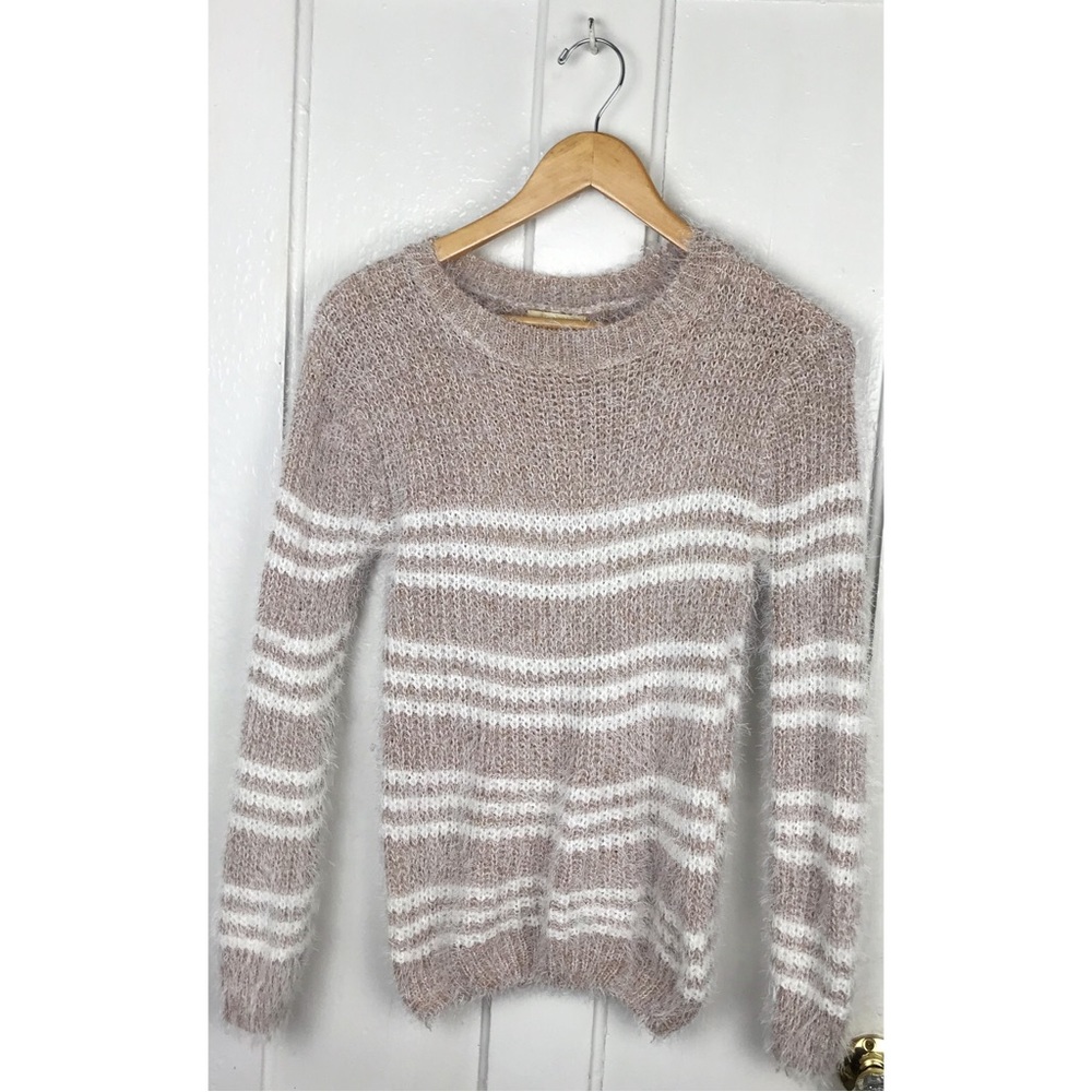 S & Y Fashion : size : M : casual tan & white eyelash knit fuzzy striped sweater